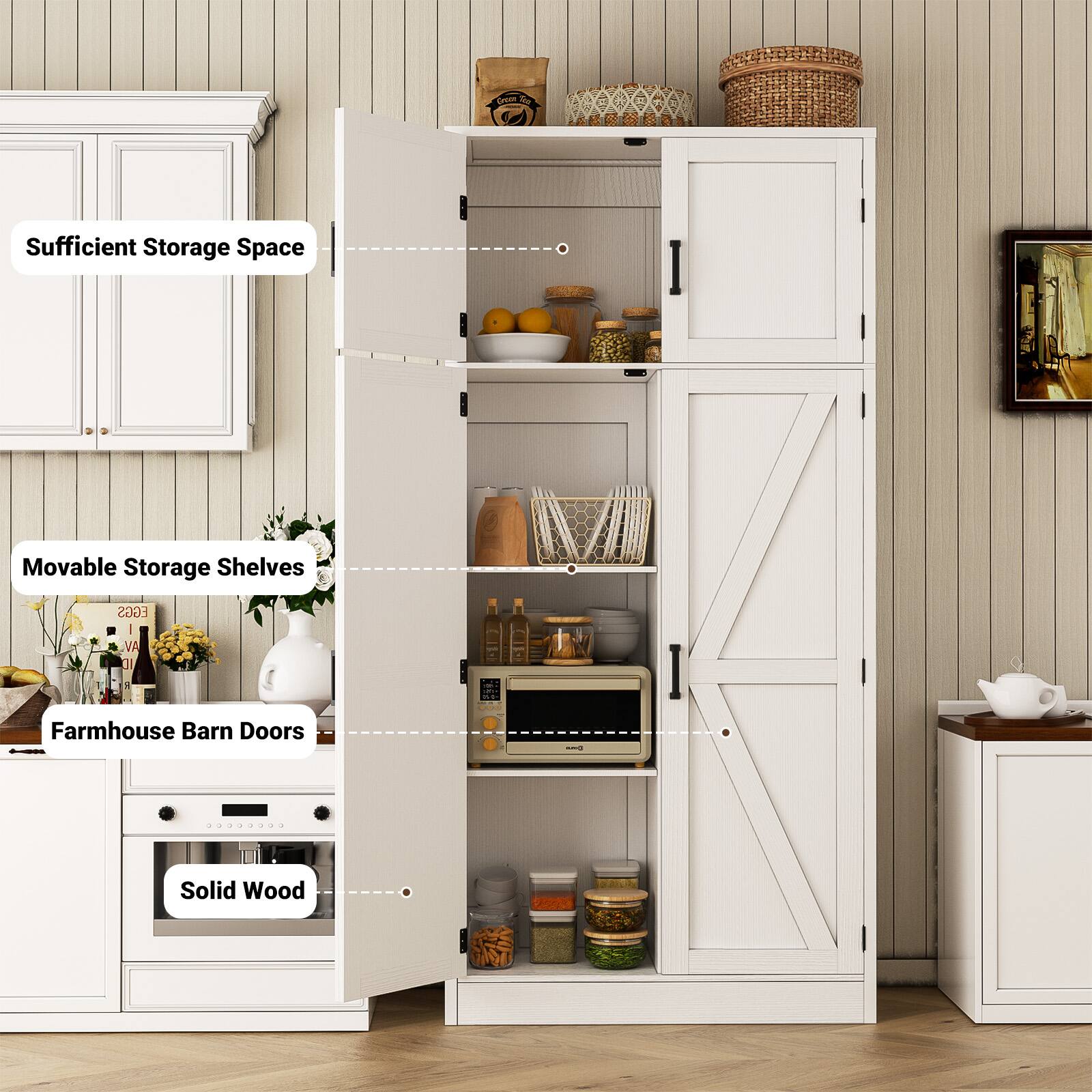 Sufficient Storage Space  
Movable Storage Shelves  
Farmhouse Barn Doors  
Solid Wood