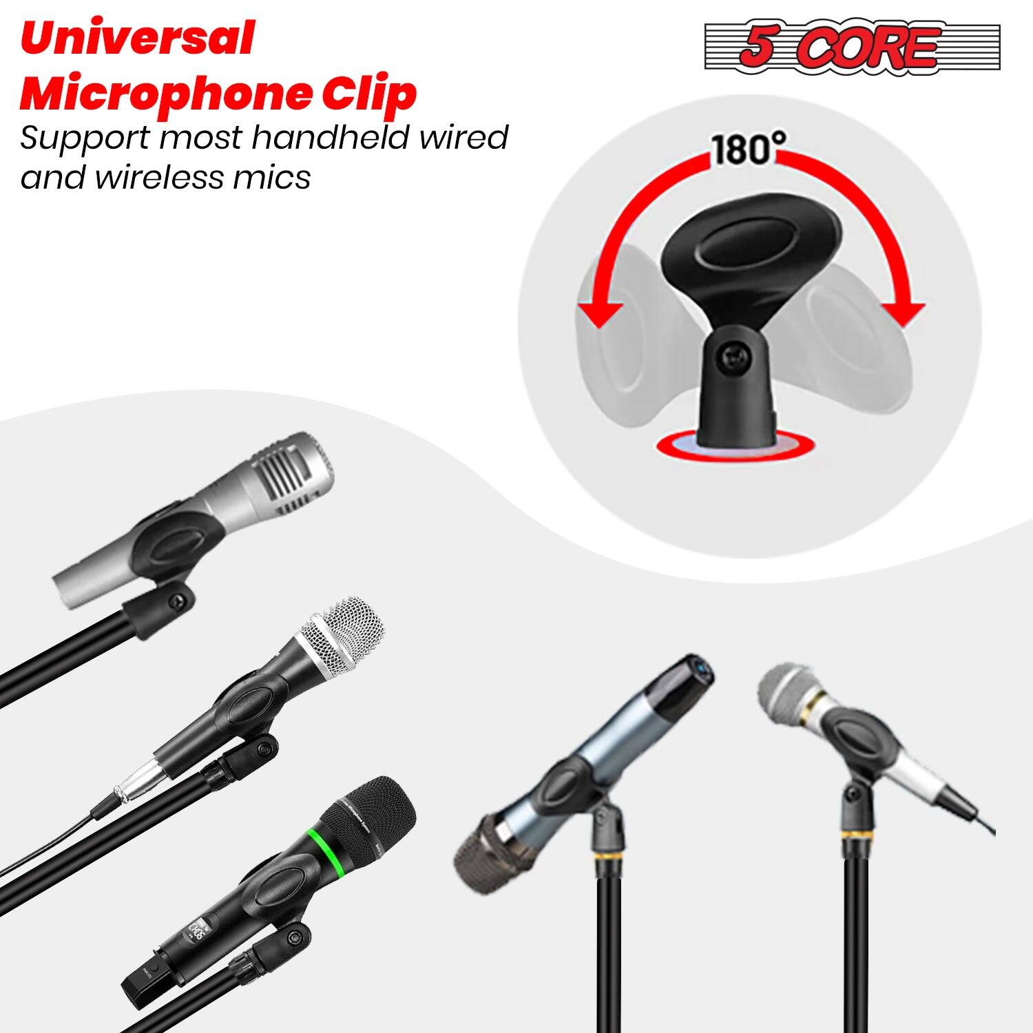Universal Microphone Clip, Support most handheld wired and wireless mics, 5 CORE, 180°