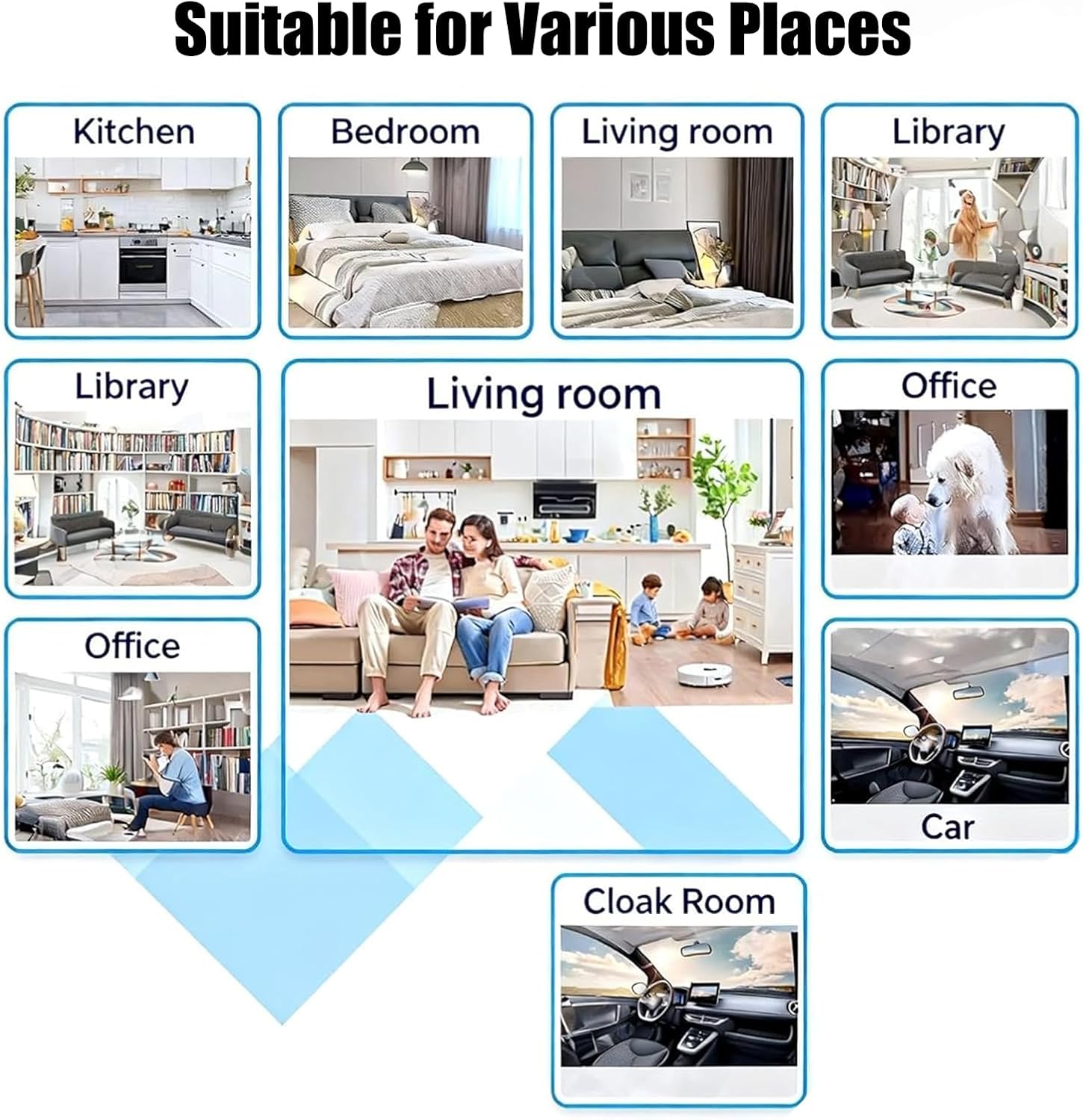 Suitable for Various Places

- Kitchen
- Bedroom
- Living room
- Library
- Library
- Living room
- Office
- Office
- Car
- Cloak Room