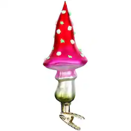 Inge Glas - Clip-on Glowing Color Fungus Mushroom German Glass Christmas Ornament FREE BOX - Red