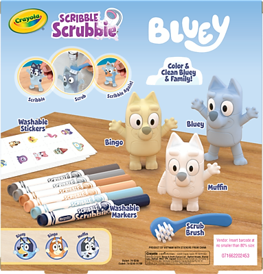 Crayola SCRIBBLE Scrubbie  
BLUEY  
Color & Clean Bluey & Family!  

SCRIBBLE Scrubbie  
Washable Stickers  
Bingo  

SCRIBBLE Scrubbie  
Washable Crayons  

SCRIBBLE Scrubbie  
Washable Markers  

SCRIBBLE Scrubbie  
Scrub Brush  

Vendor Insert  
Barcode: 071662202453  

Product of China  
©2020 Crayola LLC  
www.crayola.com  

Package contains:  
- 12 Washable Stickers  
- 12 Washable Crayons  
- 12 Washable Markers  
- 1 Scrub Brush  

Vendor insert remains attached to a smaller than 80% size