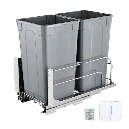 Front. VEVOR - Pull-Out Trash Can, 27 QT x2 Double Under Mount Kitchen Waste Container, Heavy Duty Garbage Recycling Bin - Grey.