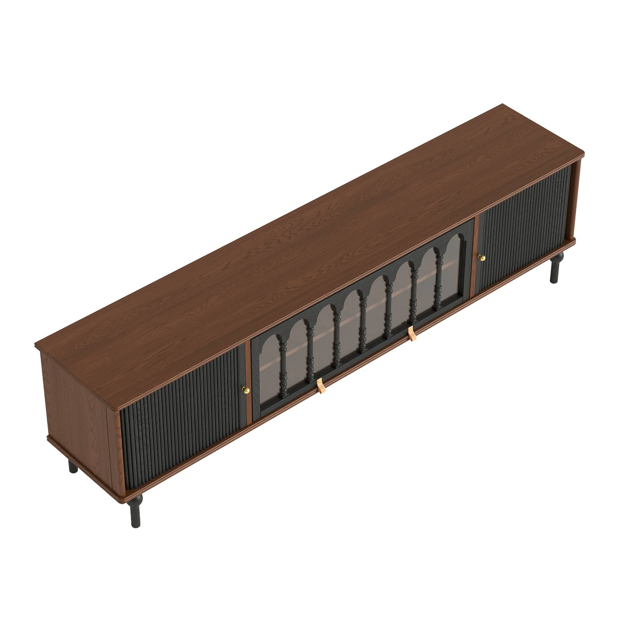 Alt View 6. luck idea - 78.74" TV Stand Media Console with Sliding Doors, Arched Glass & Solid Wood Legs - Walnut Color.
