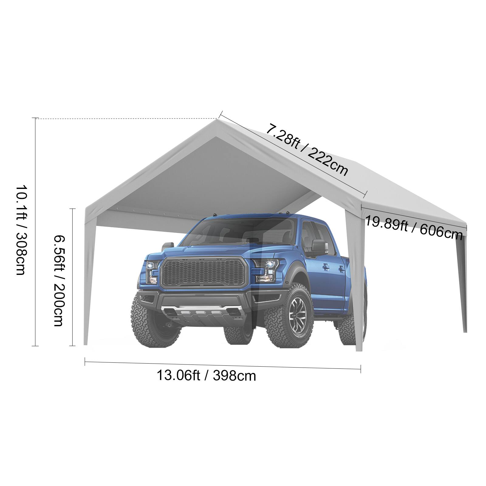 10.1ft / 308cm, 6.56ft / 200cm, 7.28ft / 222cm, 19.89ft / 606cm, 13.06ft / 398cm