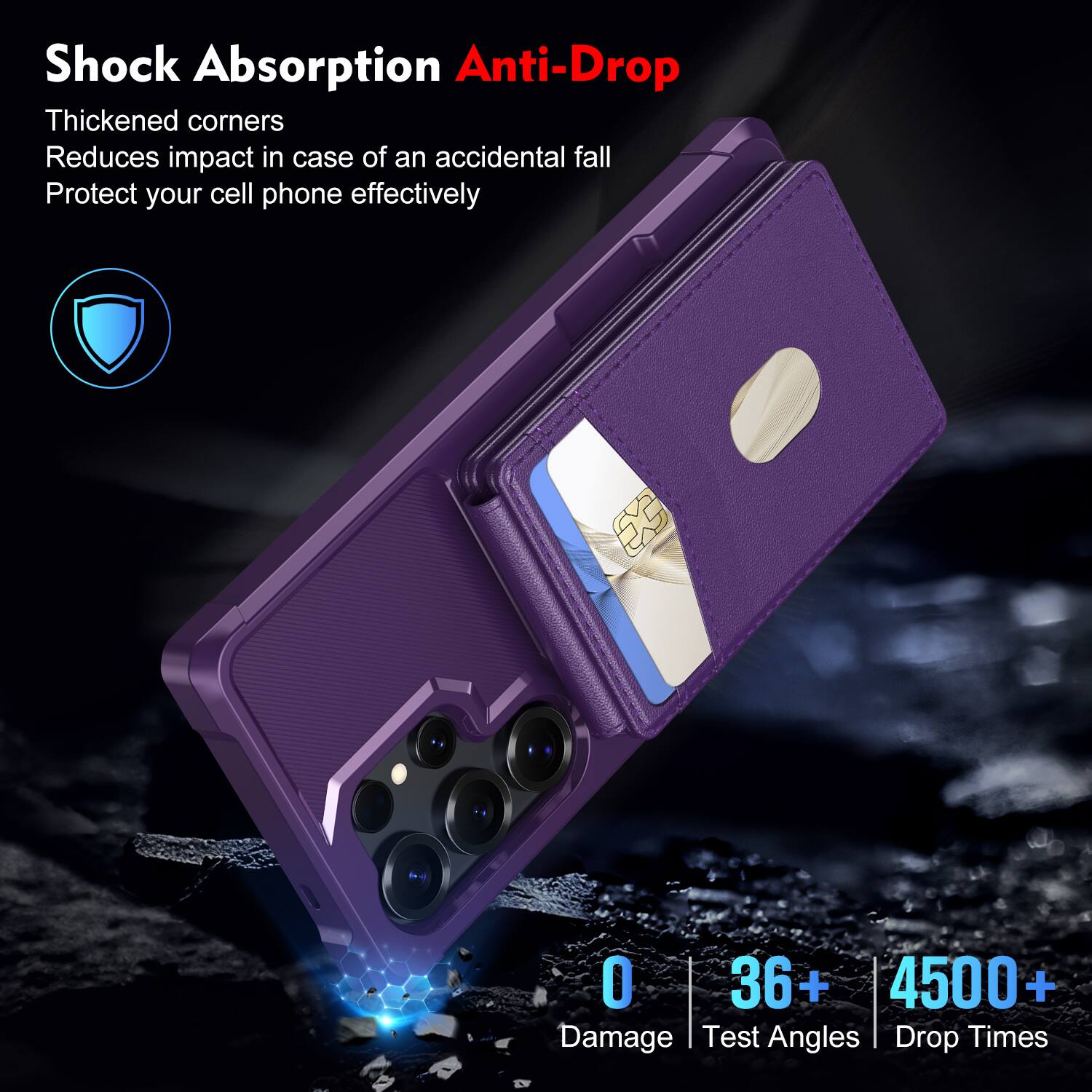 Shock Absorption Anti-Drop  
Thickened corners  
Reduces impact in case of an accidental fall  
Protect your cell phone effectively  

0 Damage  
36+ Test Angles  
4500+ Drop Times