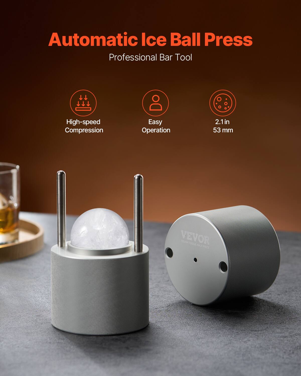 Automatic Ice Ball Press  
Professional Bar Tool  

- High-speed Compression  
- Easy Operation  
- 2.1 in (53 mm)  

VEVOR