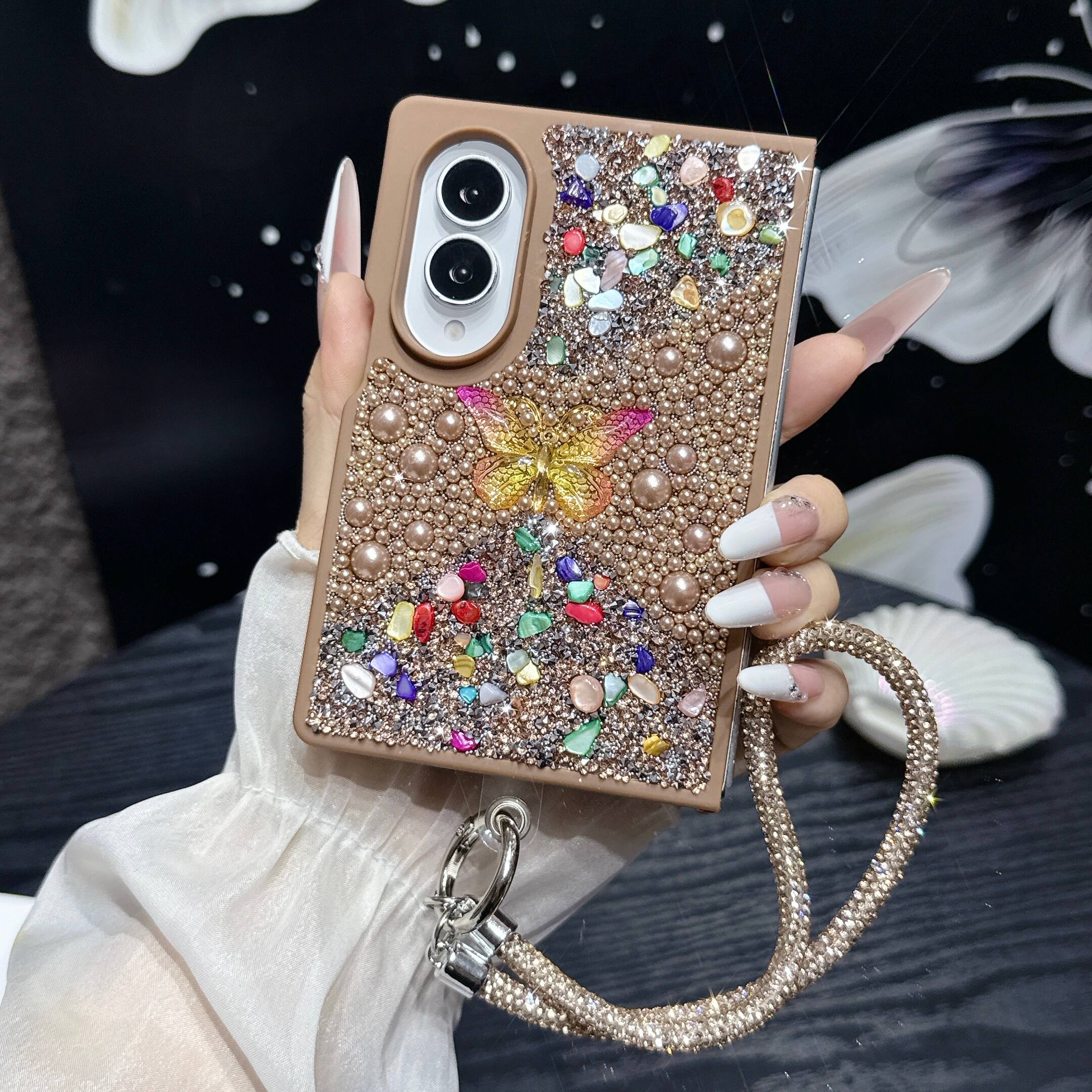 Angle. Dteck - Diamond Case for Samsung Galaxy Z Fold 8, Sparkle Glitter Rhinestone Butterfly Phone Cover with Strap - Gold.