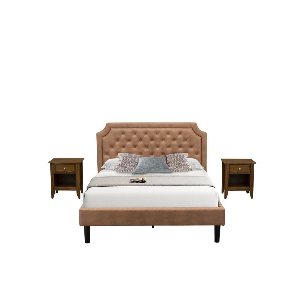 Alt View 4. East West Furniture - GB28Q-2GA08 3-Pc Bedroom Set with an Upholstered Bed and 2 Antique Walnut Small Nightstands - Brown Faux Leather and - Brown.