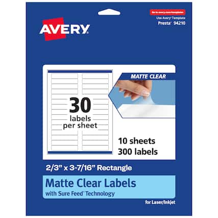 Go to avery.com/templates
Use Avery Template Presta® 94210
MATTE CLEAR
30 labels per sheet
10 sheets 300 labels
2/3" x 3-7/16" Rectangle
Matte Clear Labels with Sure Feed® Technology for Laser/Inkjet