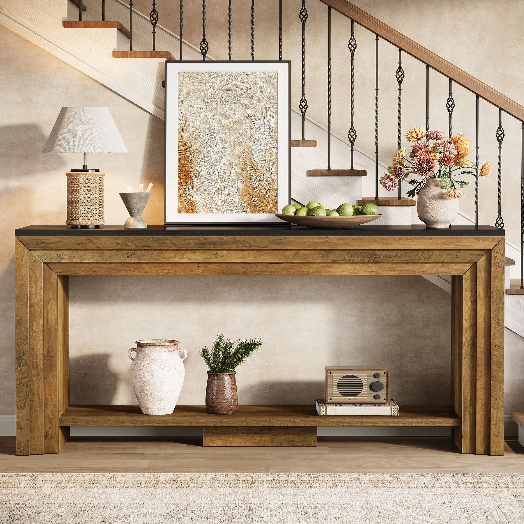 Angle. Tribesigns - Console Table with Engineered Wood Construction and Storage Shelves for Entryway and Living Room - Brown.