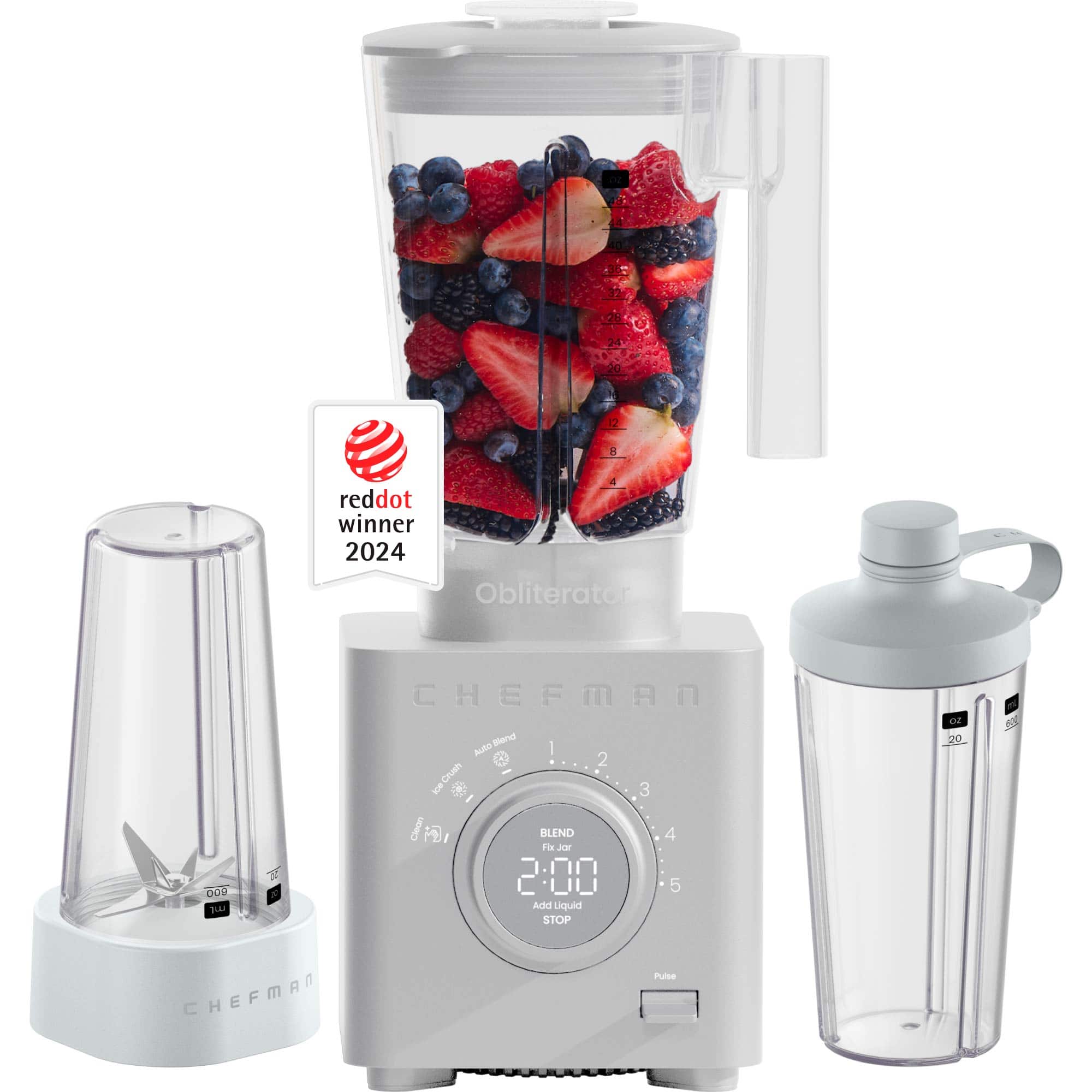 Chefman - Obliterator 48oz Countertop Blender, Two 20oz Travel Jars and Tamper/Scraper - White