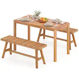 Costway - 3 PCS Acacia Wood Patio Dining Set with Slatted Seats for Deck, Lawn and Backyard - Natural