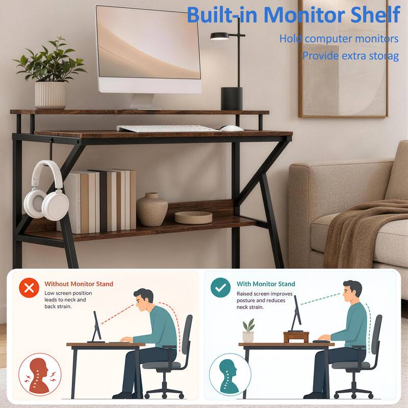 Built-in Monitor Shelf  
Hold computer monitors  
Provide extra storage  

Without Monitor Stand  
Low screen position leads to neck and back strain.  

With Monitor Stand  
Raised screen improves posture and reduces neck strain.