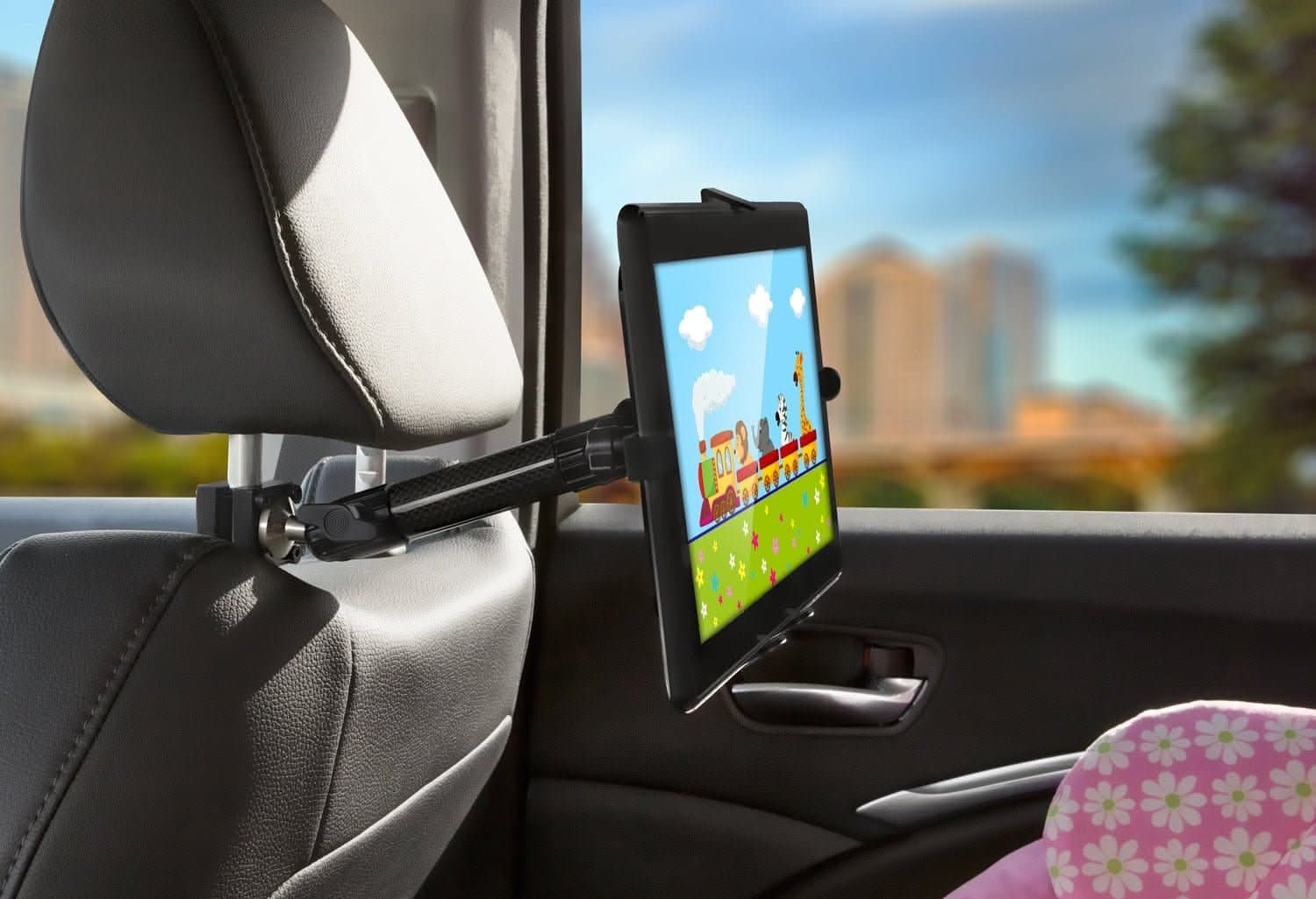 Angle. Mount-It! - Carbon Fiber Tablet Headrest Mount for 7"-11" Tablets | Universal - Black.
