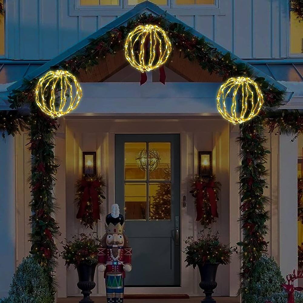 Back. RTMB - 3-Pack Christmas LED Light Balls, Foldable Metal Frame, Warm White, Décor - Color: Warm White.