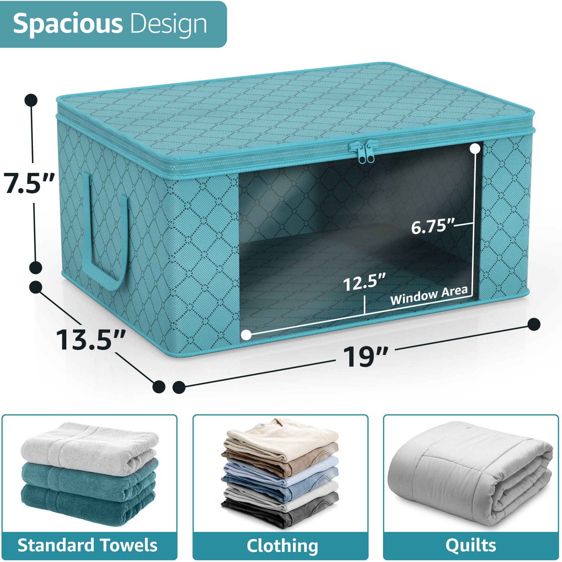 Spacious Design

- 7.5"
- 6.75"
- 12.5" Window Area
- 13.5"
- 19"

Standard Towels
Clothing
Quilts