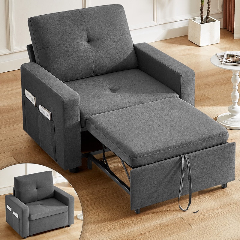 Dyonery - 3-in-1 Convertible Sofa Bed for Living Room, Pull-Out Recliner Chair , Adjustable Backrest，With side pockets - Gray