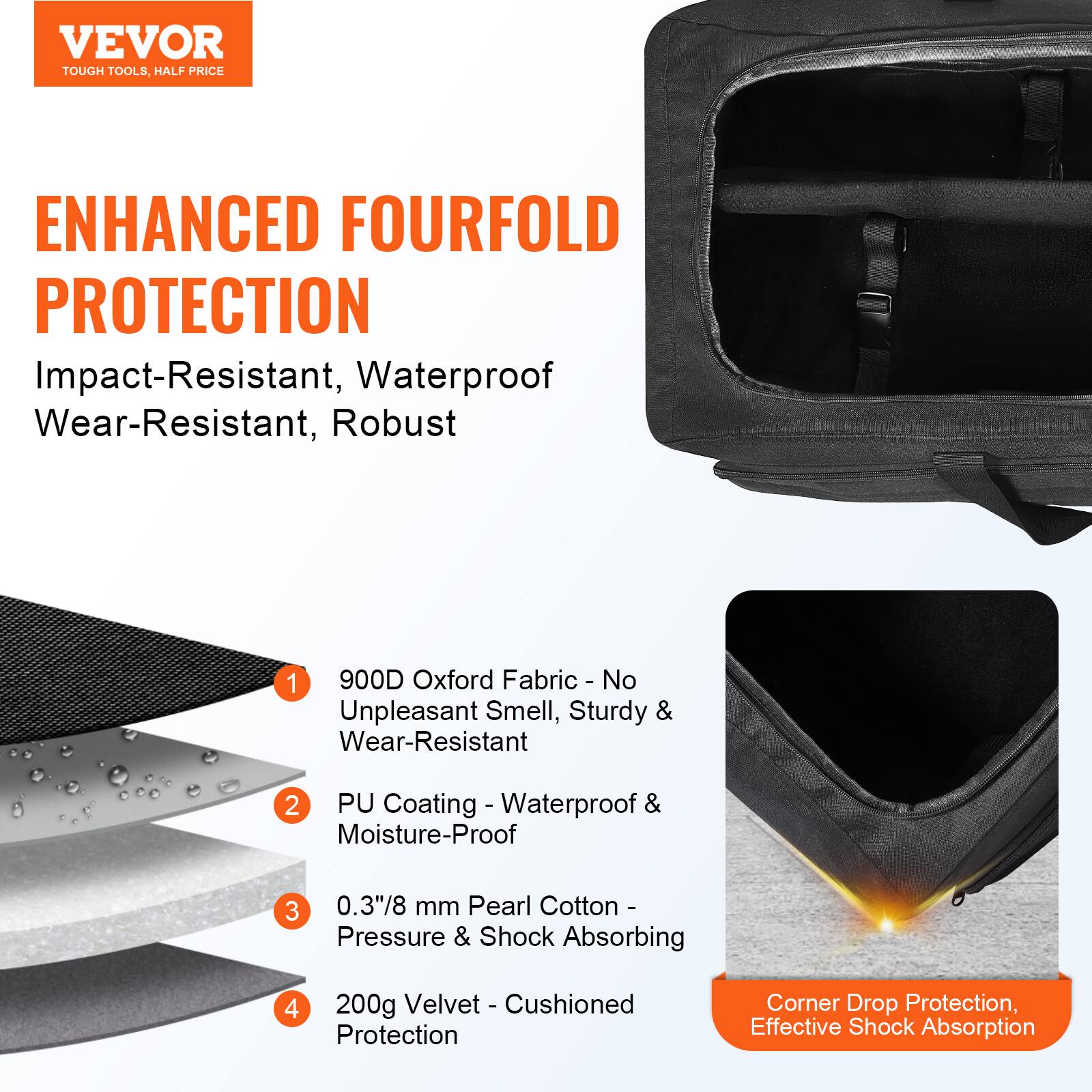 **VEVOR**  
TOUGH TOOLS, HALF PRICE

**ENHANCED FOURFOLD PROTECTION**  
Impact-Resistant, Waterproof, Wear-Resistant, Robust

1. **900D Oxford Fabric**  
   - No Unpleasant Smell, Sturdy & Wear-Resistant

2. **PU Coating**  
   - Waterproof & Moisture-Proof

3. **0.3"/8 mm Pearl Cotton**  
   - Pressure & Shock Absorbing

4. **200g Velvet**  
   - Cushioned Protection

**Corner Drop Protection, Effective Shock Absorption**