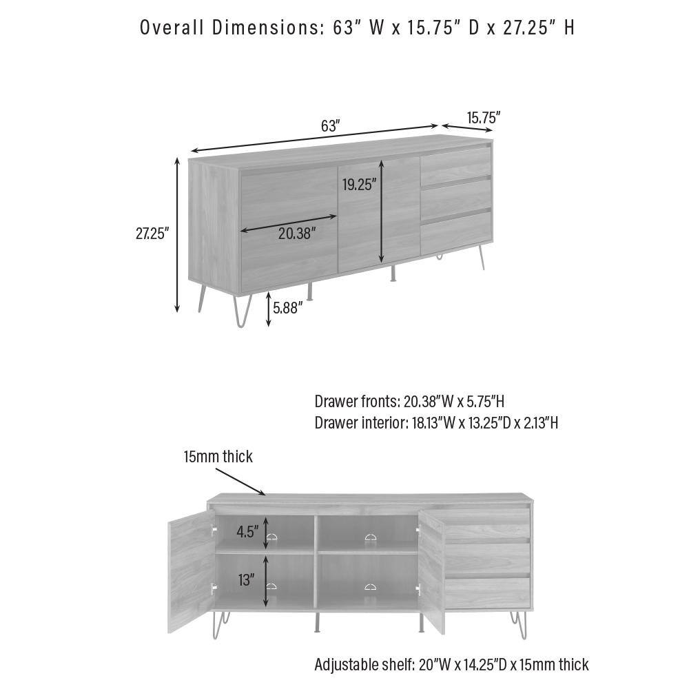 Overall Dimensions: 63" W x 15.75" D x 27.25" H  
Drawer fronts: 20.38" W x 5.75" H  
Drawer interior: 18.13" W x 13.25" D x 2.13" H  
Adjustable shelf: 20" W x 14.25" D x 15mm thick