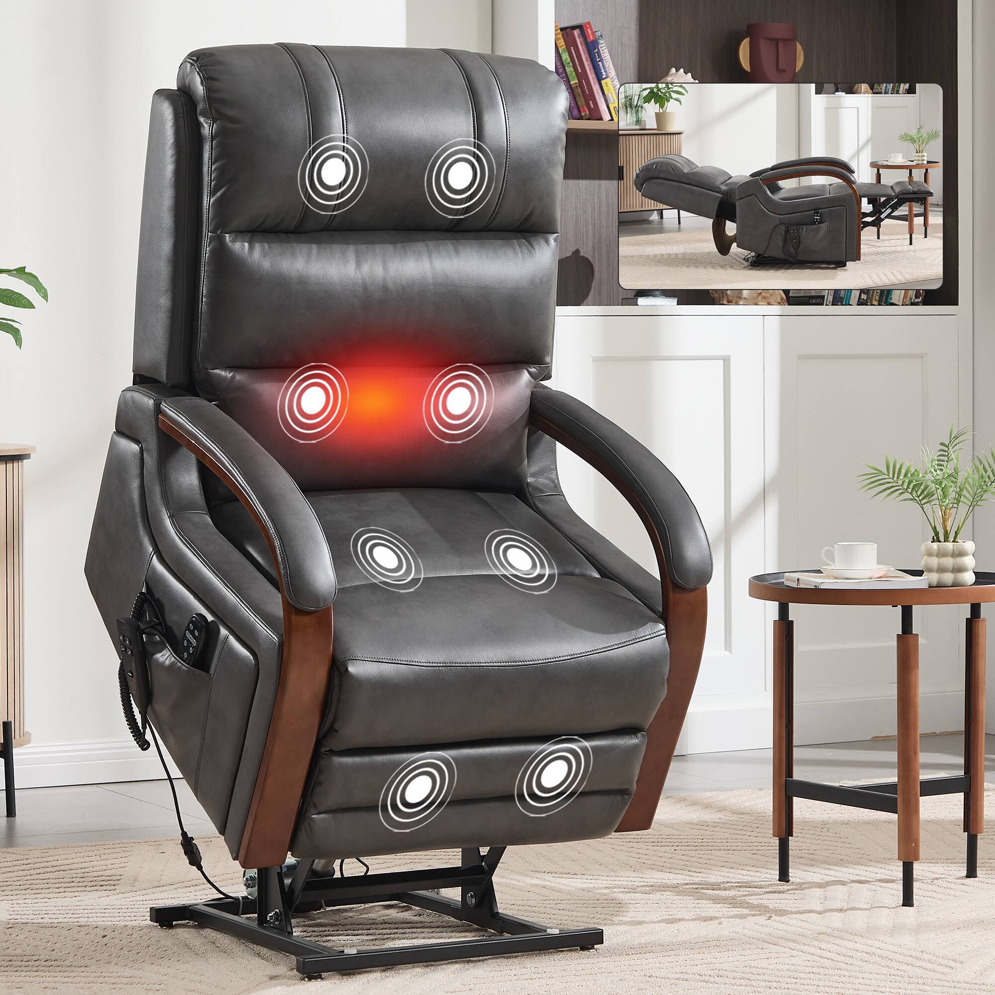 Angle. LUCKY ONE - Faux Leather Power Lift Recliner Chair with Infinite Position, Massage and Solid Wood Armrests - Grey.