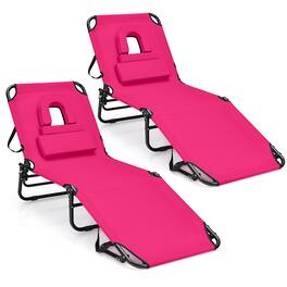 Costway - 2 PCS Beach Chaise Lounge Chair with Face Hole Pillows & Adjustable Backrest - Pink