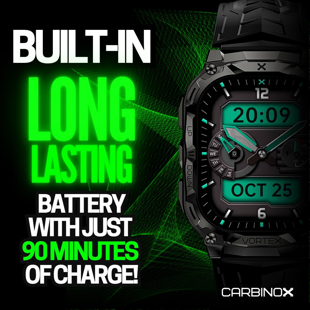 BUILT-IN  
LONG LASTING  
BATTERY WITH JUST 90 MINUTES OF CHARGE!  

VORTEX  
CARBINOX