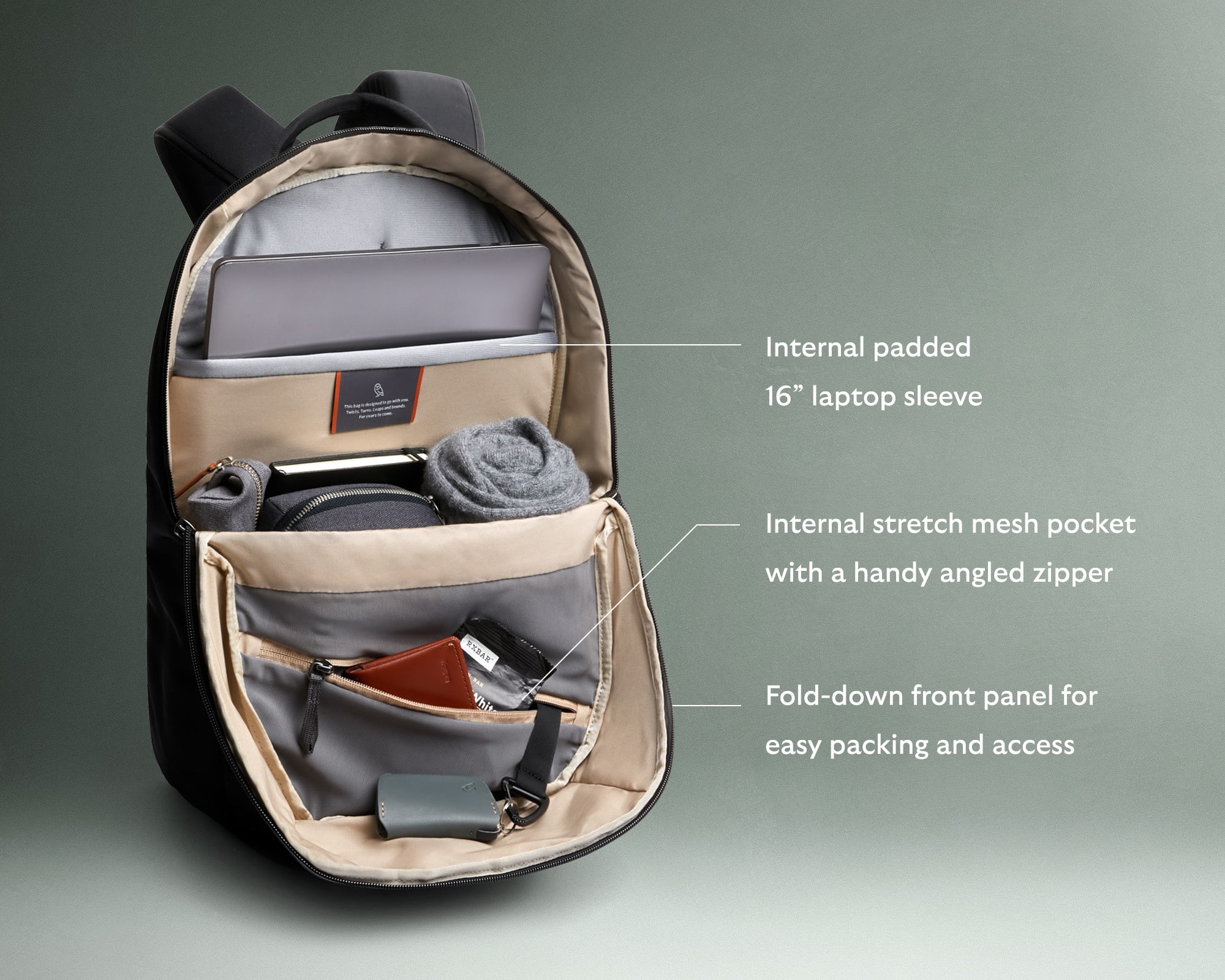 Internal padded 16" laptop sleeve. Internal stretch mesh pocket with a handy angled zipper. Fold-down front panel for easy packing and access.