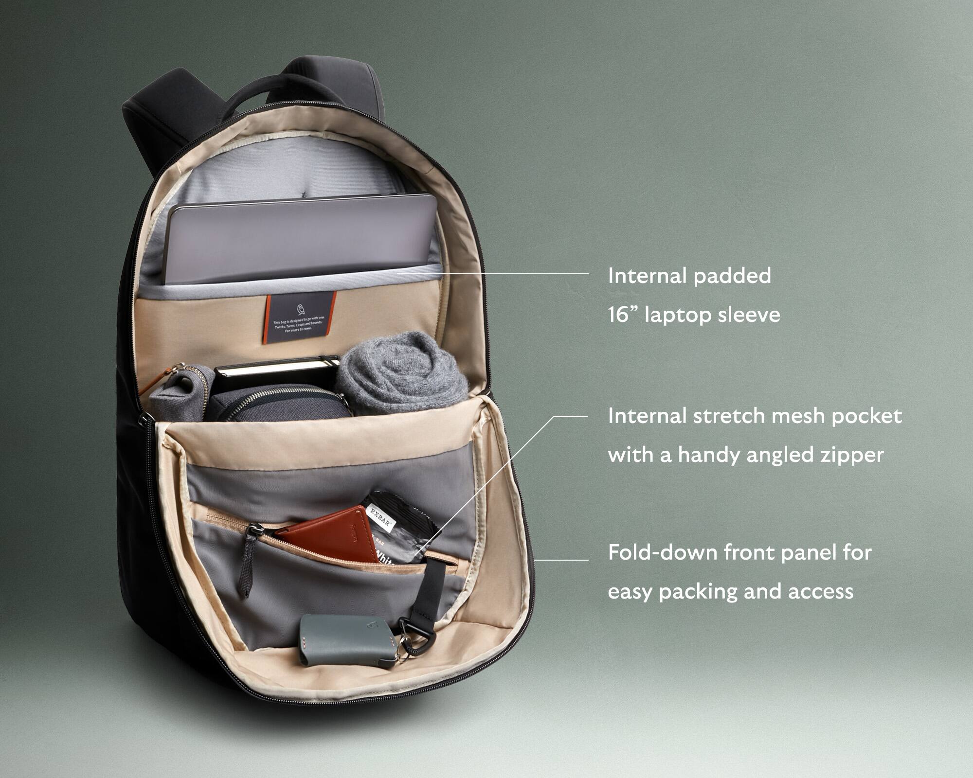 Internal padded 16" laptop sleeve. Internal stretch mesh pocket with a handy angled zipper. Fold-down front panel for easy packing and access.