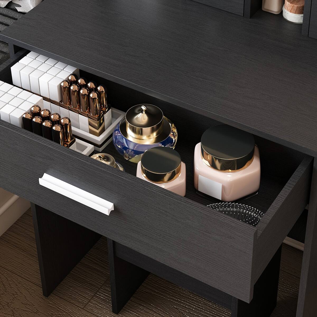 Alt View 7. Loheer - Loheer Makeup Vanity with Mirror and Adjustable LED Lights, Black, Includes Stool - Black.