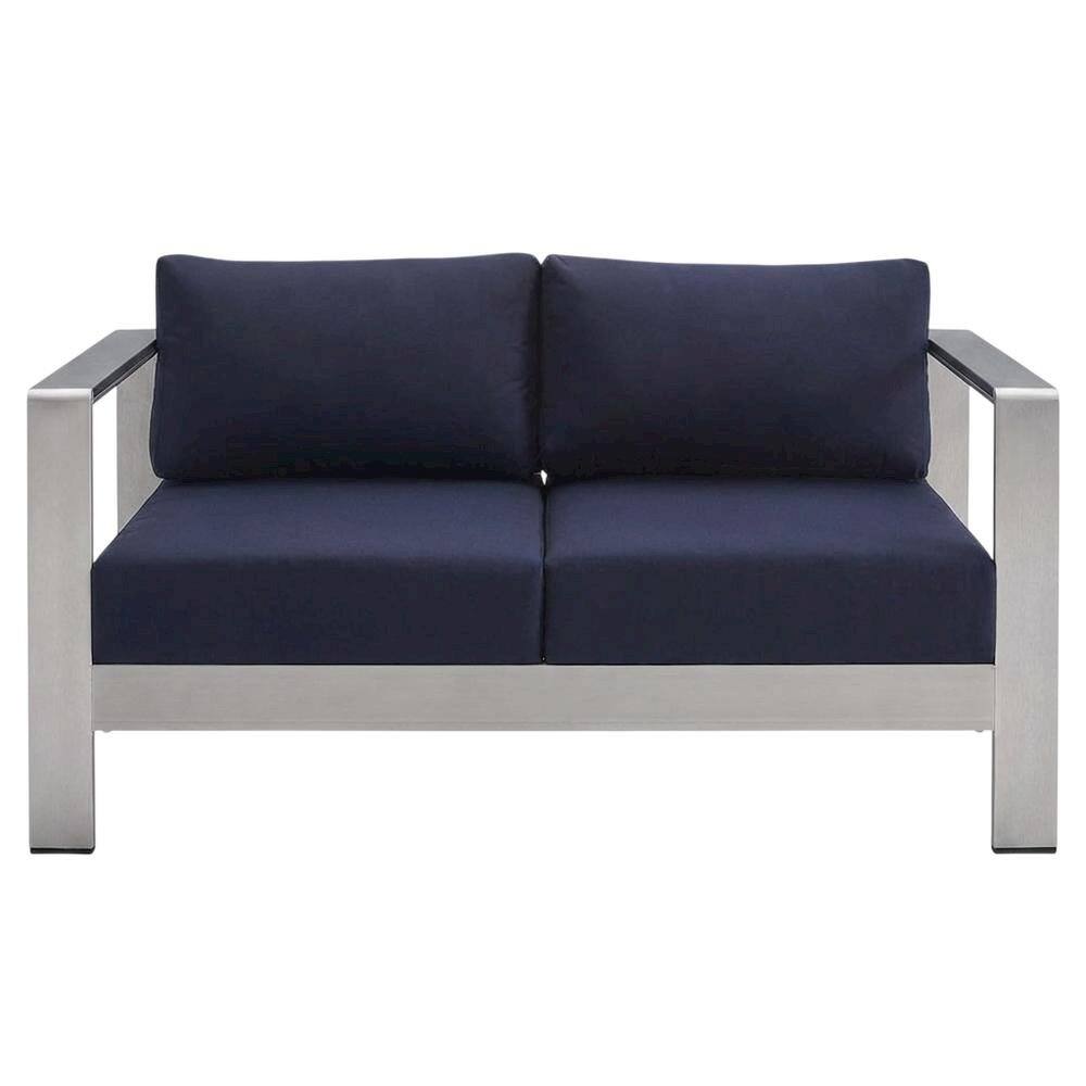 Back. Outdoor Escape - Aluminum Outdoor Loveseat with Fabric Cushions for Patio Comfort - Silver.