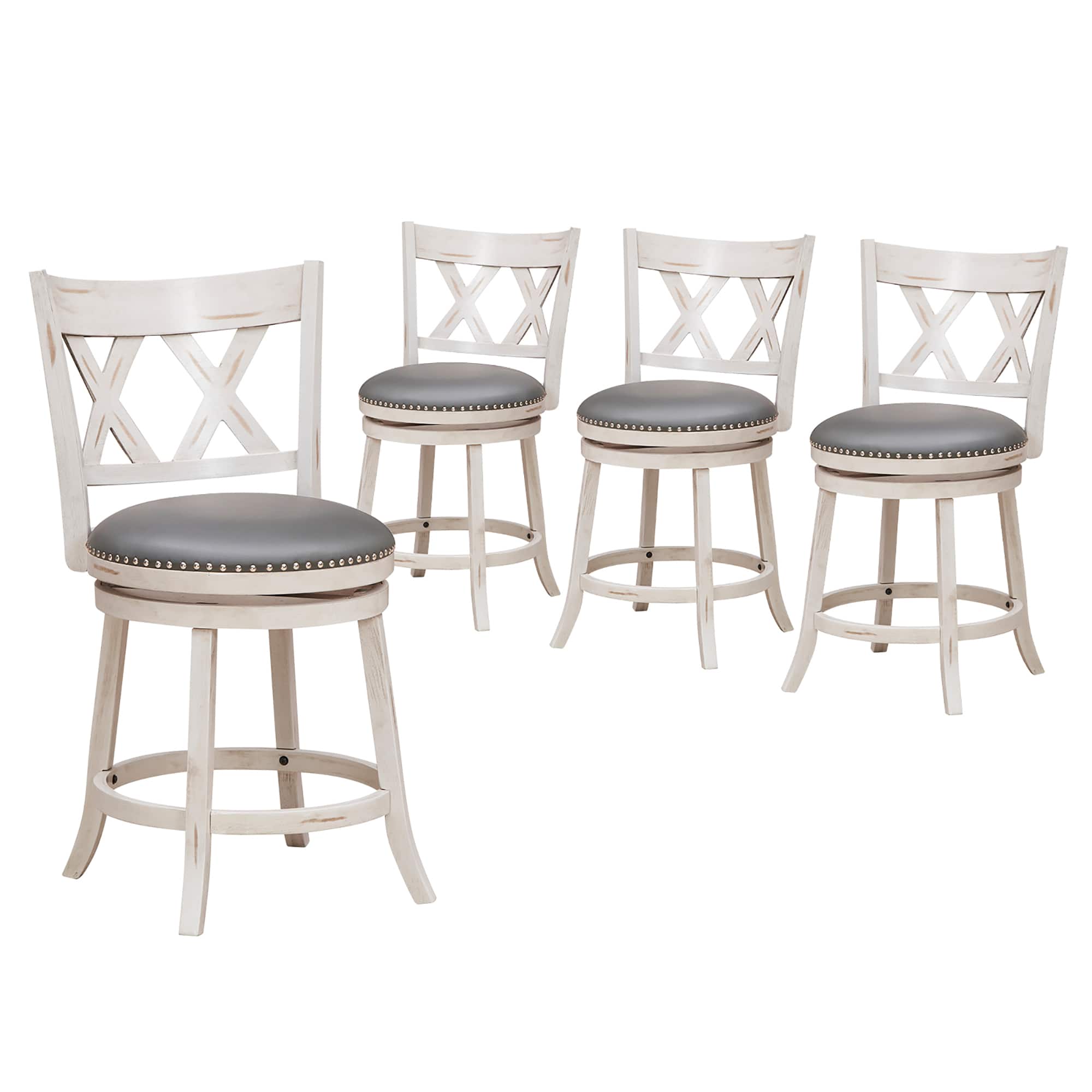 Gymax - 25.5'' Swivel Bar Stools Set of 4 Solid Wood Stools w/ X-shaped Backrests Antique White & Gray - Antique White, Gray