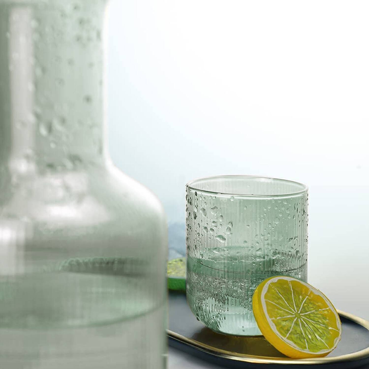 Left. American Atelier - Set of 2 Green Carafe + Cup Set 27.72 OZ. - Green.