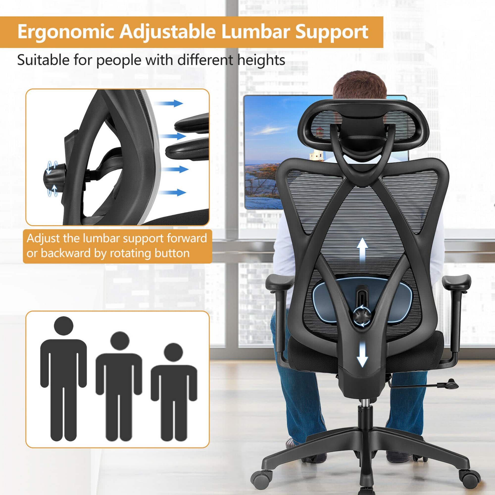Ergonomic Adjustable Lumbar Support: Suitable for people with different heights. Adjust the lumbar support forward or backward by rotating the button.