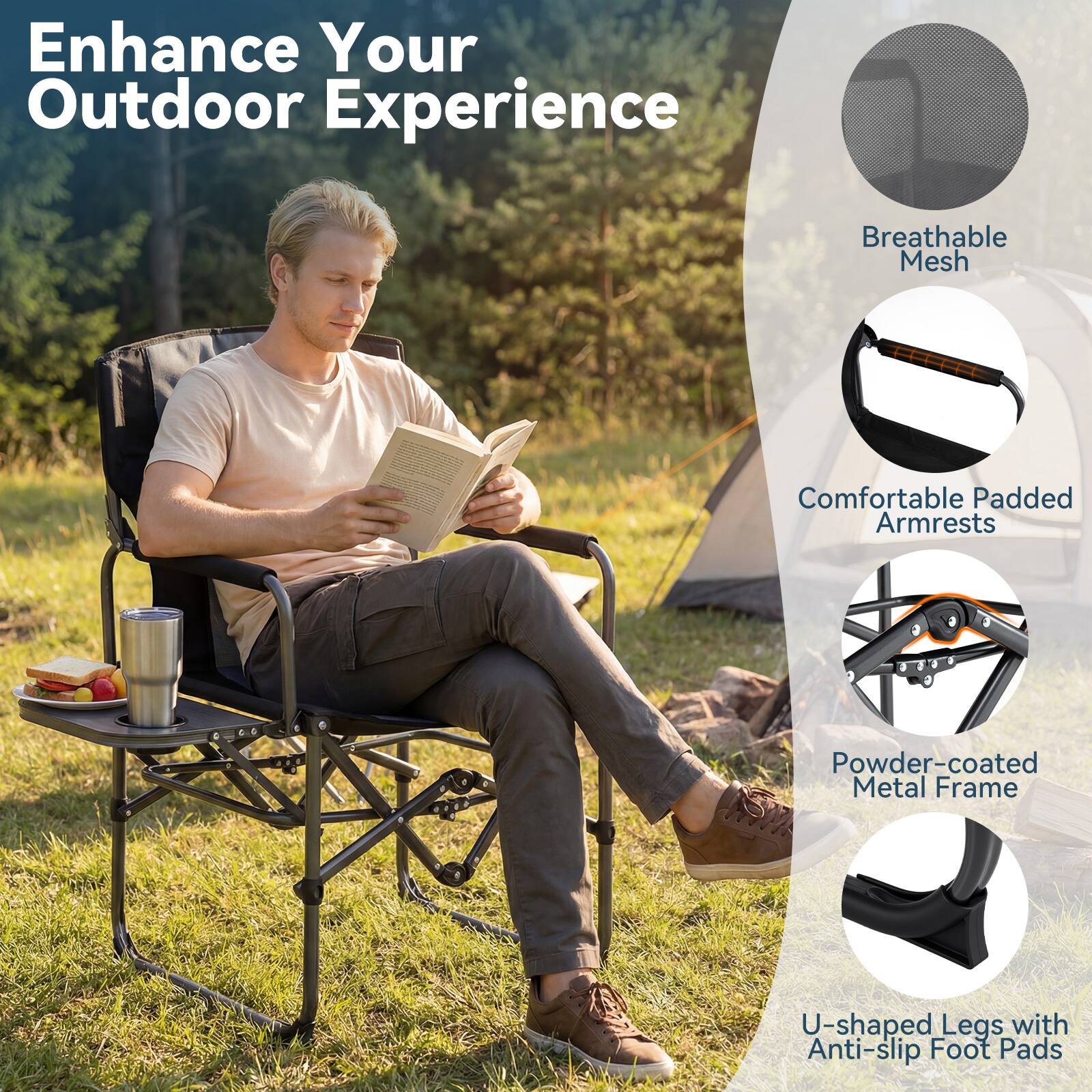 Enhance Your Outdoor Experience

- Breathable Mesh
- Comfortable Padded Armrests
- Powder-coated Metal Frame
- U-shaped Legs with Anti-slip Foot Pads