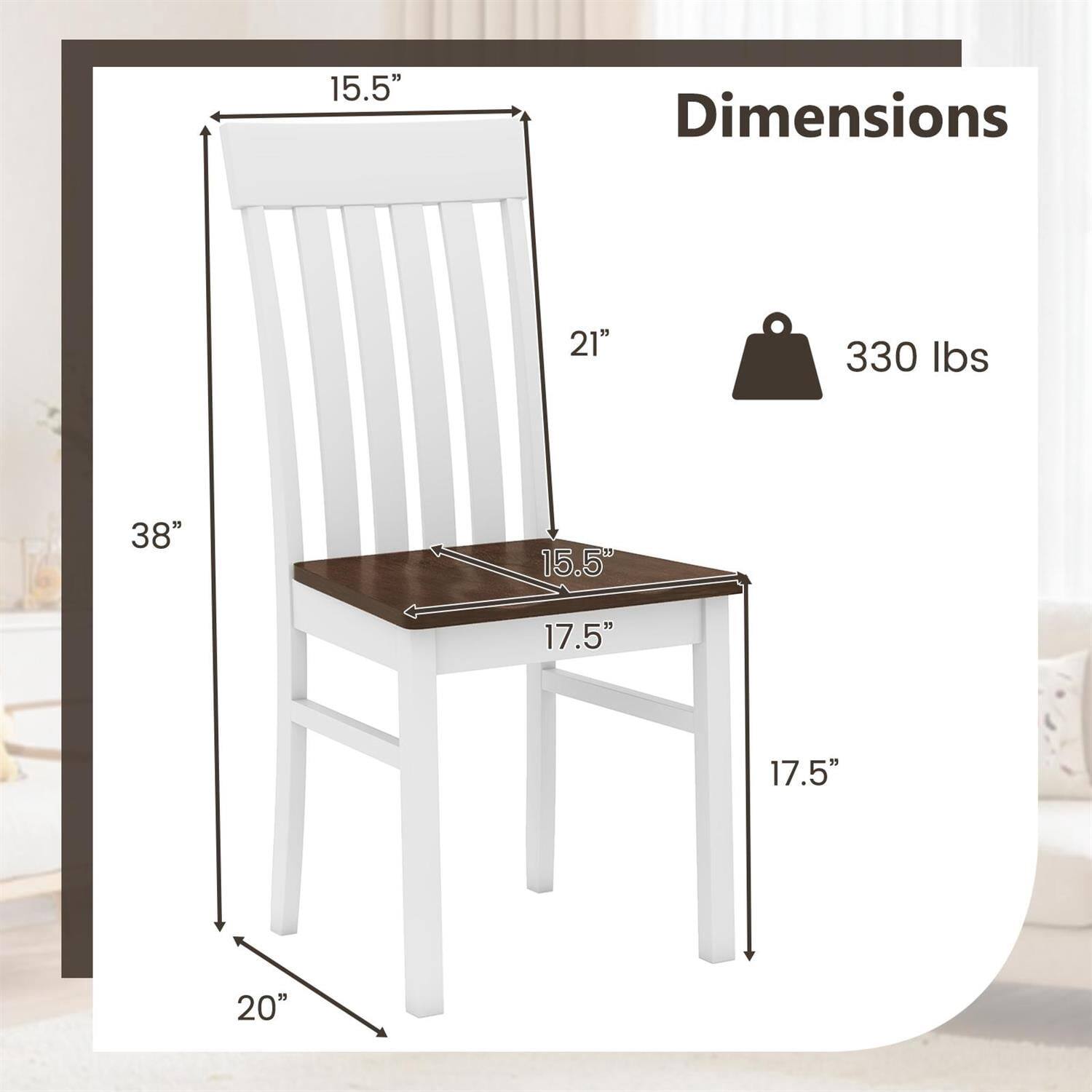 Dimensions:  
- Height: 38"  
- Width: 21"  
- Depth: 20"  
- Seat Height: 17.5"  
- Seat Depth: 17.5"  
- Back Height: 15.5"  
- Weight Capacity: 330 lbs
