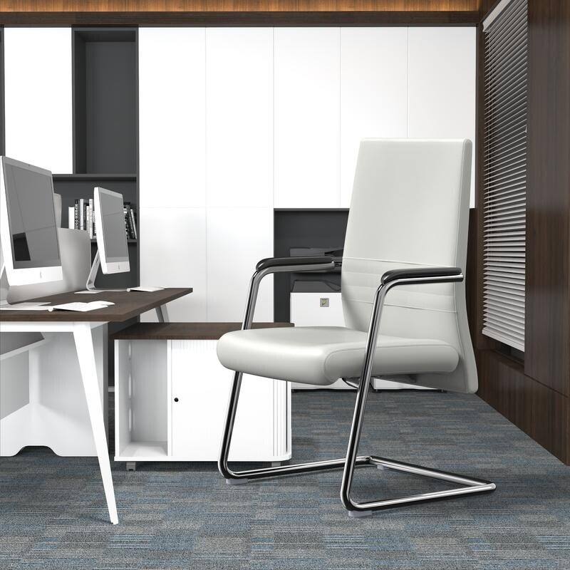 Angle. LeisureMod - Aleen Office Chair in Upholstered Leather and Iron Frame Comfortable Ergonomic Chair for Home Office, and Workspace - White.