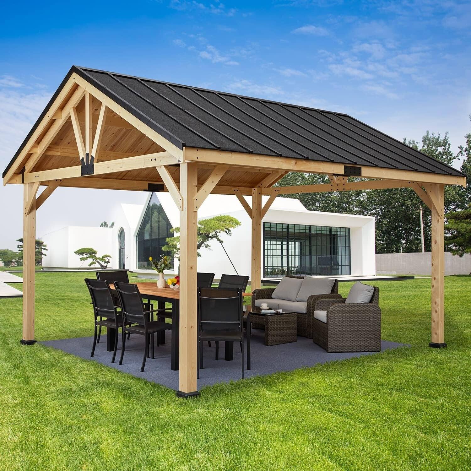 Angle. U-HOMY - Hardtop Asphalt Roof Spruce Wood Gazebo, Weather-Resistant Outdoor Pavilion - 13'x16'.