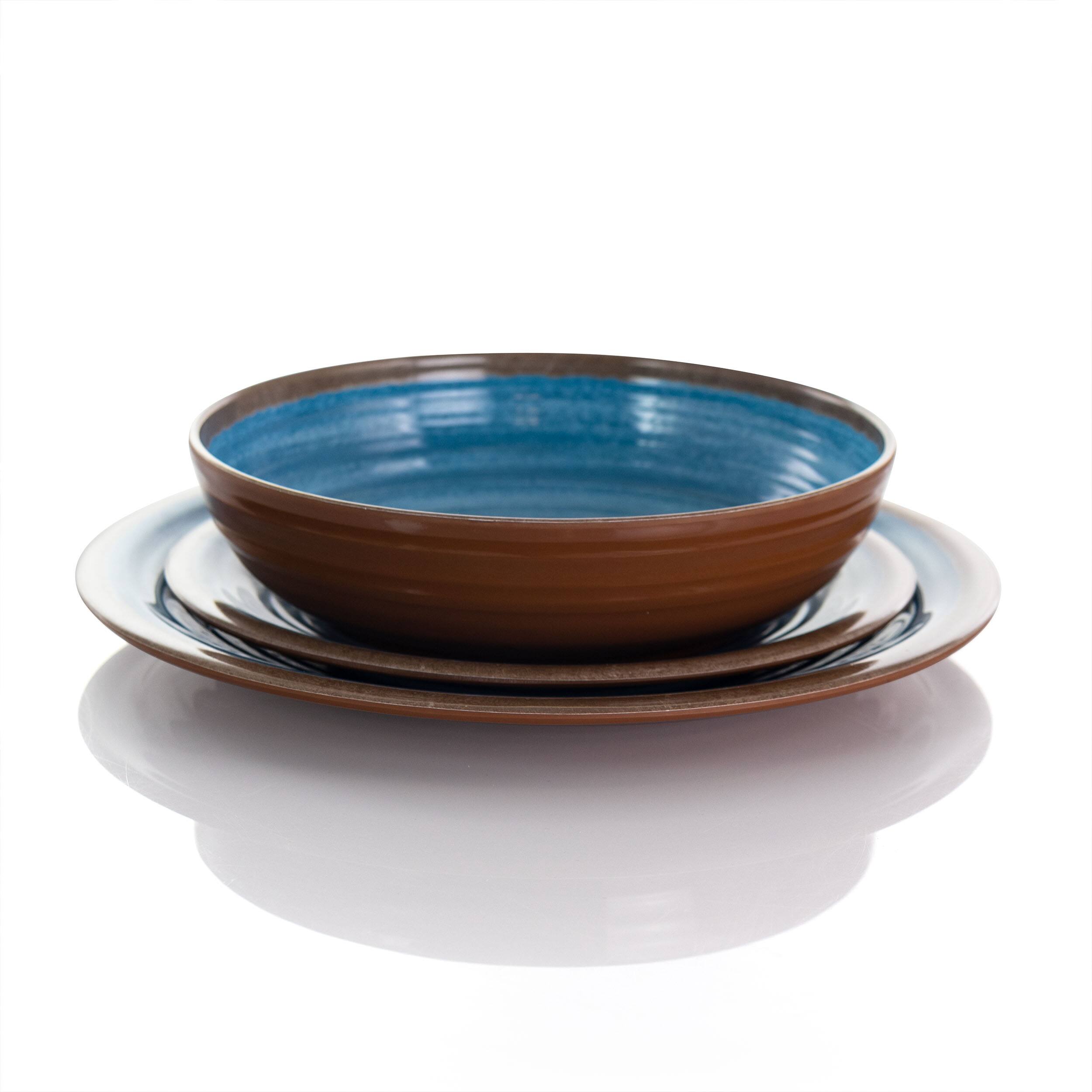 Angle. Elama - Elama Rippled Tides 12 Piece Lightweight Melamine Dinnerware Set in Blue - Blue.