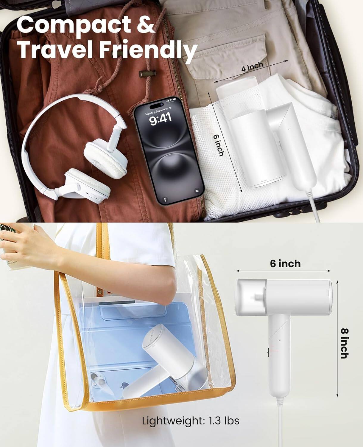 Compact & Travel Friendly

4 inch  
6 inch  
8 inch  
9 inch  

Lightweight: 1.3 lbs