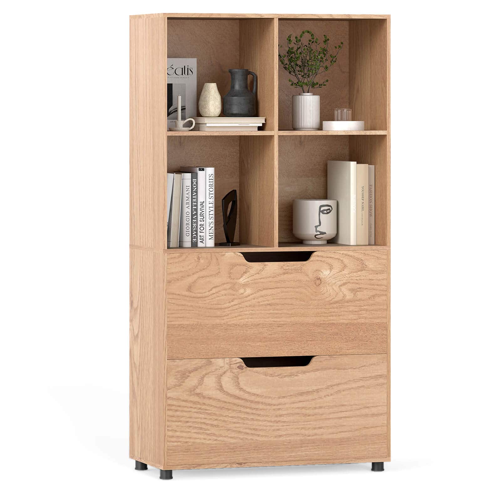 Costway - 51" 4-Cube Bookcase with 2 Drawers, 5-Tier Tall Freestanding Bookshelf for Study - Natural