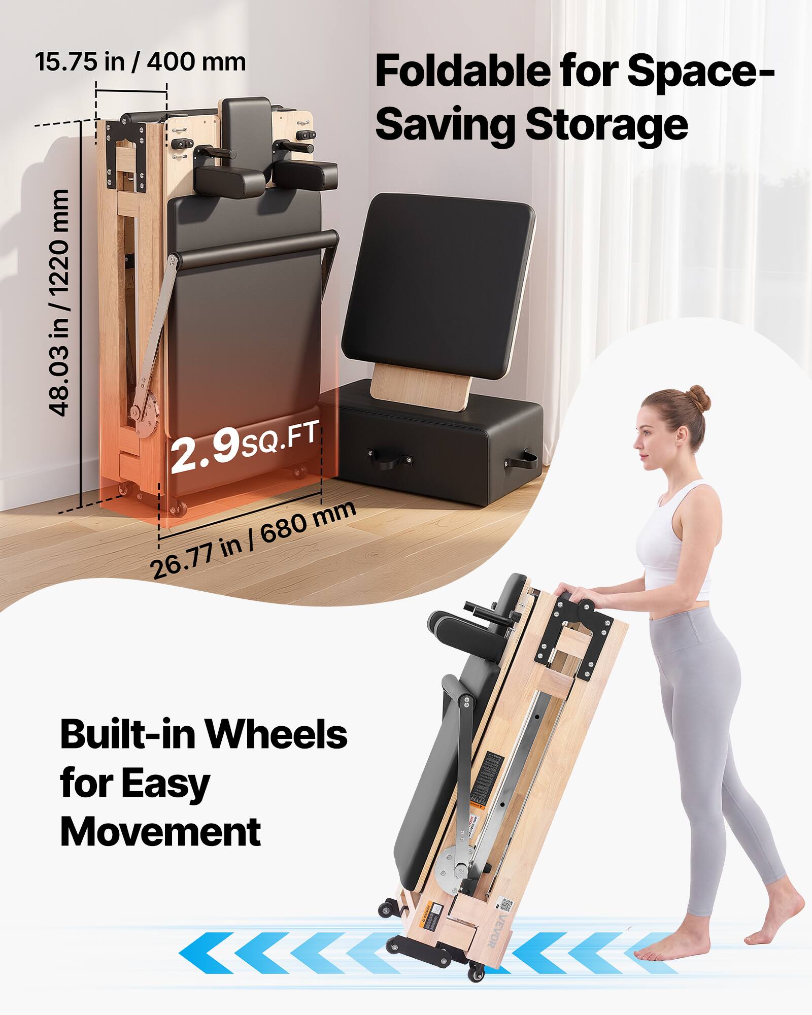 15.75 in / 400 mm  
1220 mm / 48.03 in  
26.77 in / 680 mm  
2.9 SQ.FT  

Foldable for Space-Saving Storage  

Built-in Wheels for Easy Movement  

VEVOR