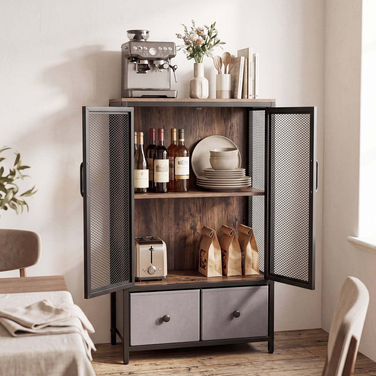 Alt View 3. Costway - Costway Industrial Coffee Bar Cabinet, Farmhouse Cabinet with 2-Tier Storage Compartment - Rustic Brown + Black.