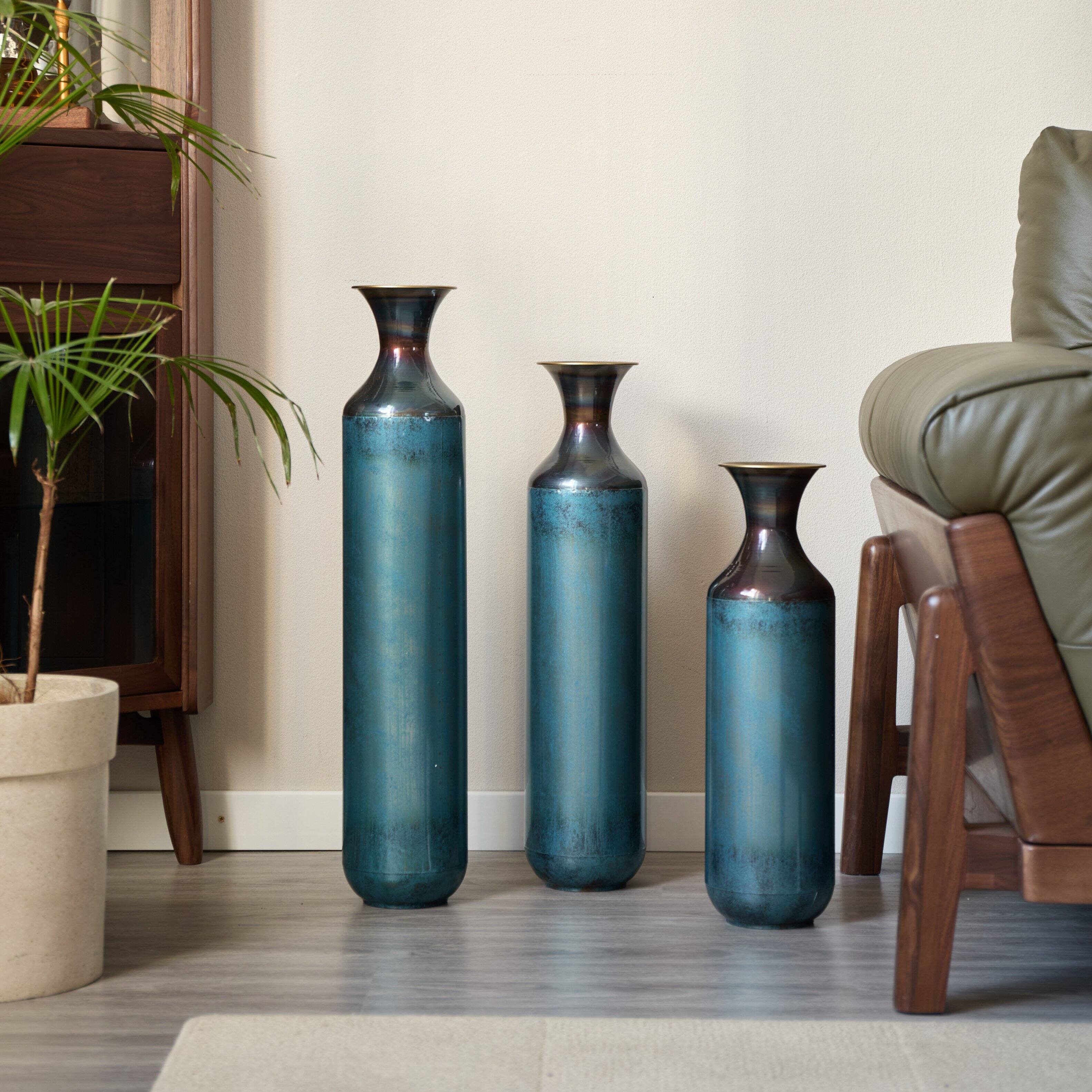 Angle. Anysun - Torch-Fired Metal Vases Set of 3 - Blue Burnt Finish Floor Vases, 28.34/24.4/20.4in for Farmhouse Decor - Blue.
