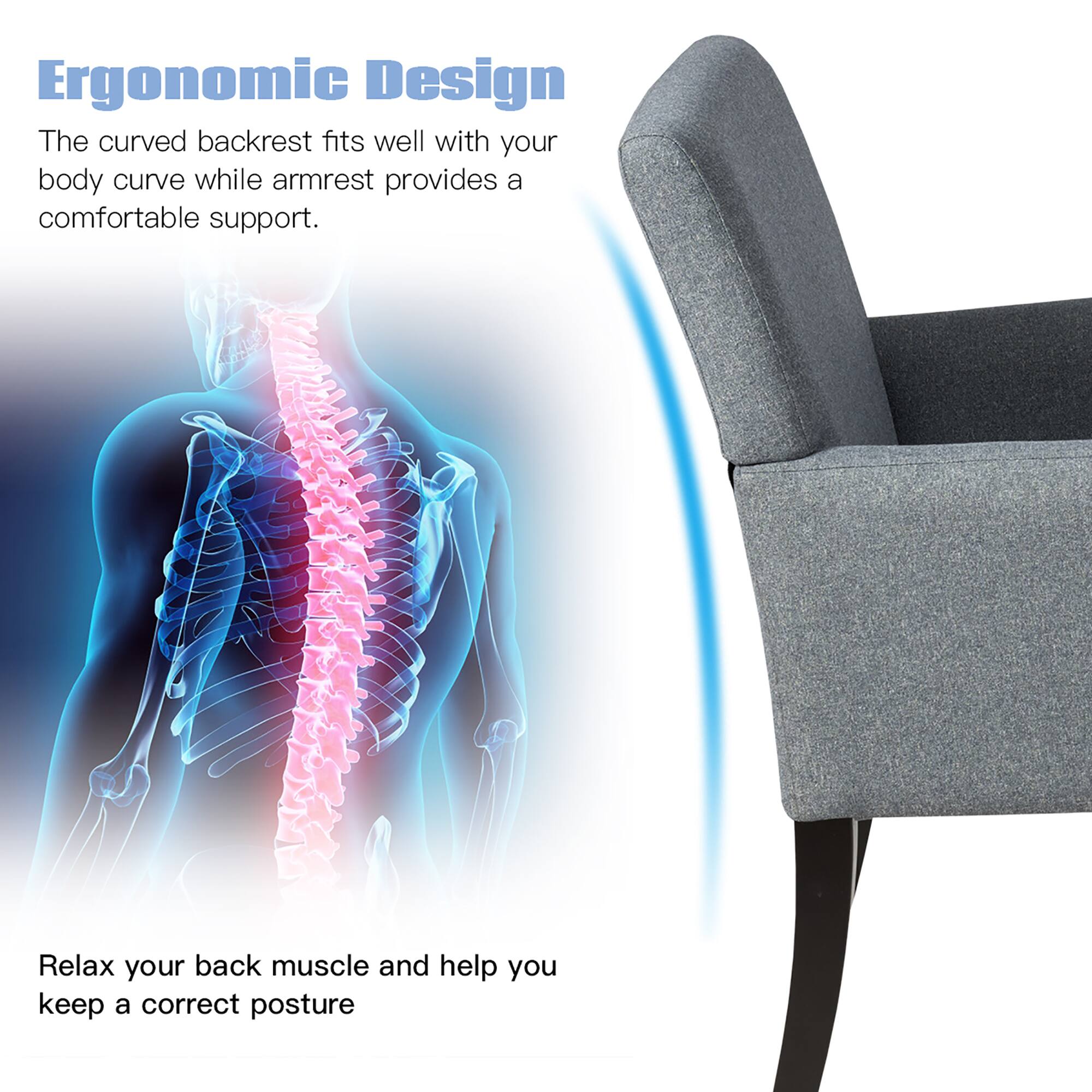 Ergonomic Design
The curved backrest fits well with your body curve while armrest provides a comfortable support.
Relax your back muscle and help you keep a correct posture.