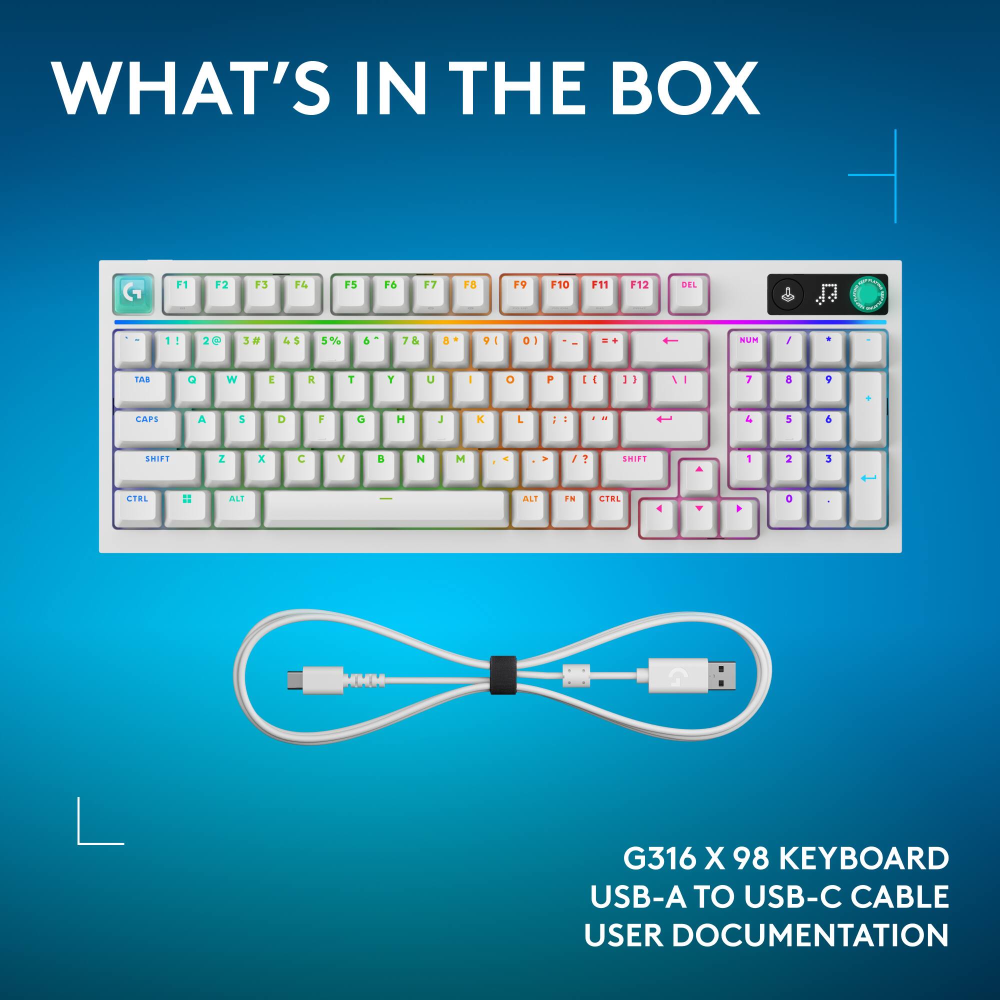 WHAT'S IN THE BOX

F1 F2 F3 F4 F5 F6 F7 F8 F9 F10 F11 F12 DEL

1! 2@ 3# 4$ 5% 6^ 7& 8* 9( 0) - = + \ | SHIFT

TAB Q W E R T Y U I O P [ ] { } 

CAPS A S D F G H J K L ; ' 

SHIFT Z X C V B N M , . / 

CTRL ALT FN

G316 X 98 KEYBOARD
USB-A TO USB-C CABLE
USER DOCUMENTATION