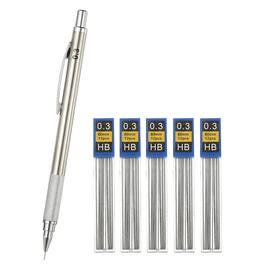 Unique Bargains - Mech Pencil 0.3mm, Lead Holder Broad Point Metal w/ 5pcs Refills for Drawing, Sketching, Woodworking - Silver