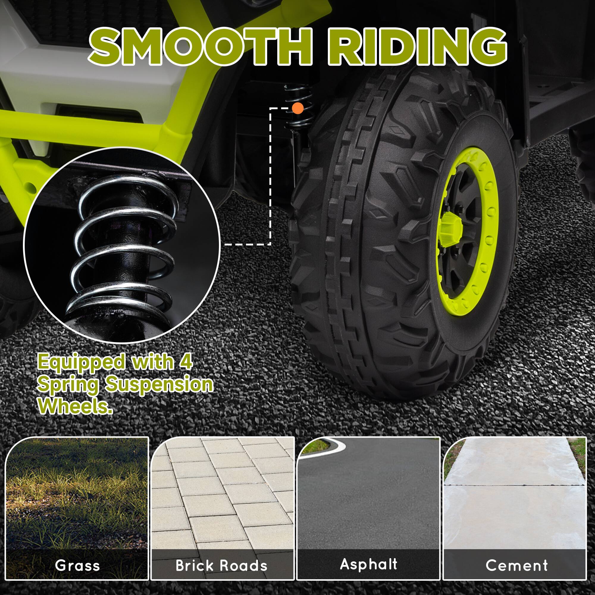 SMOOTH RIDING

Equipped with 4 Spring Suspension Wheels.

Grass  
Brick Roads  
Asphalt  
Cement