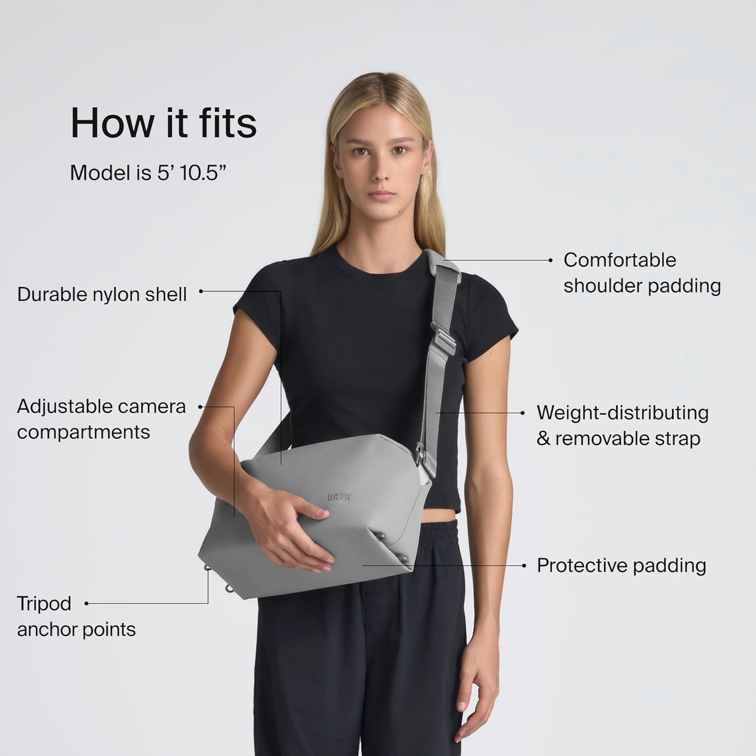 How it fits  
Model is 5' 10.5"  
- Durable nylon shell  
- Adjustable camera compartments  
- Tripod anchor points  
- Comfortable shoulder padding  
- Weight-distributing & removable strap  
- Protective padding