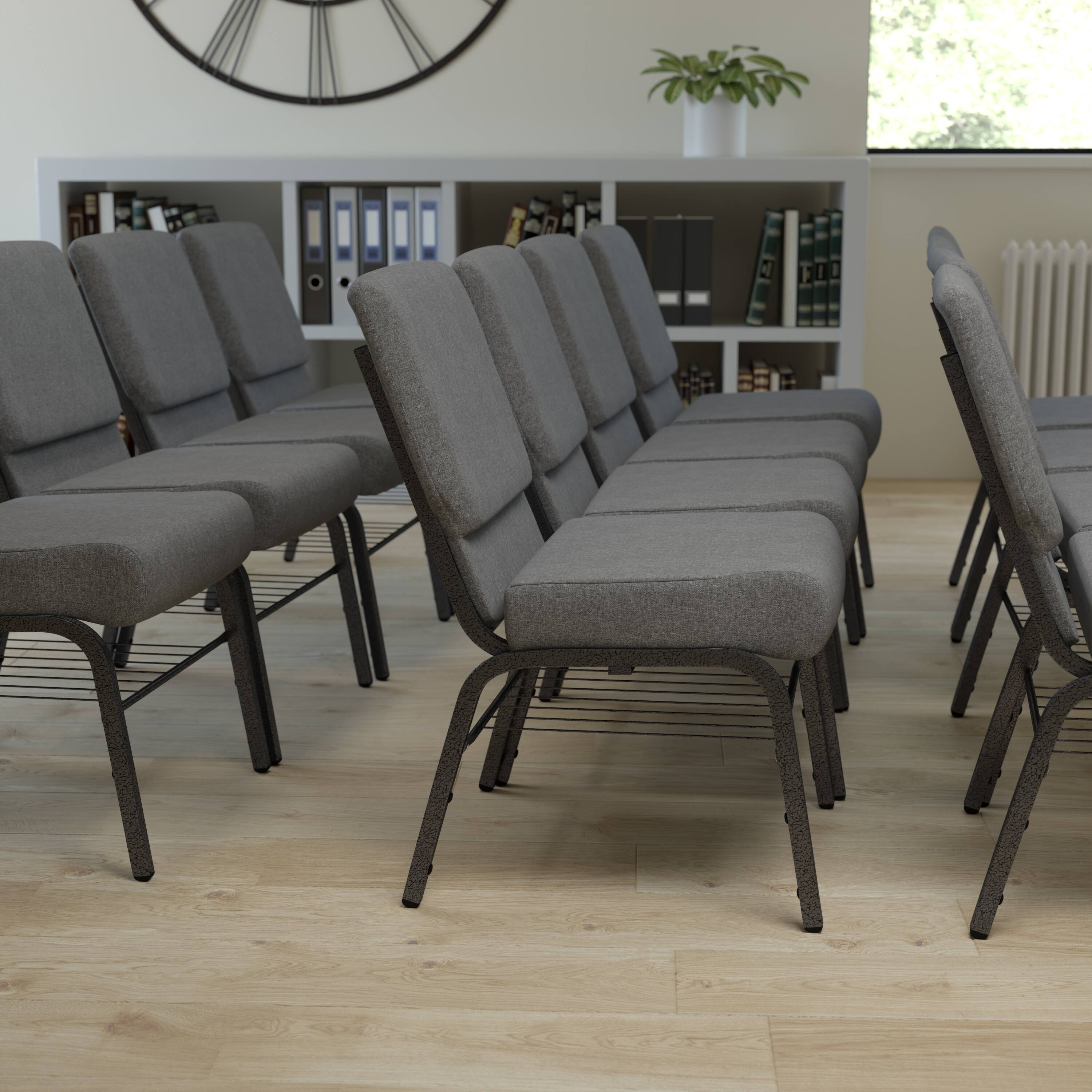 Alt View 1. Emma + Oliver - 21"W Church/Reception Guest Chair with Book Rack - Gray Fabric/Silver Vein Frame.