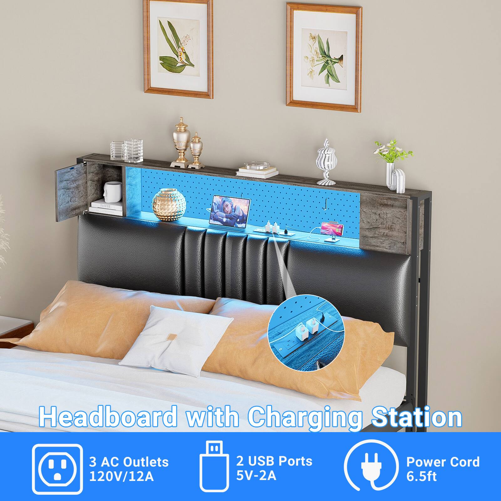 Headboard with Charging Station  
3 AC Outlets 120V/12A  
2 USB Ports 5V-2A  
Power Cord 6.5ft